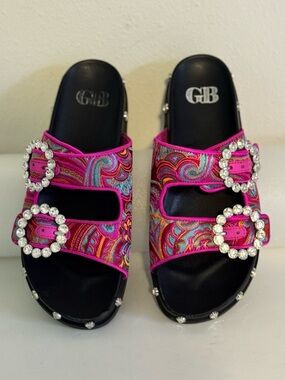 Gianni Bini Multicolor Bright Paisley Buckle Slide Sandals With Bling Size 7
